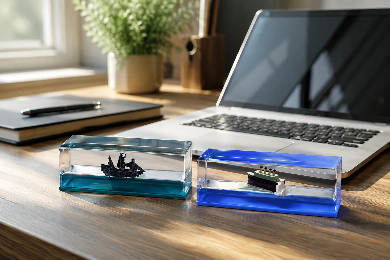 Pirate ship and ocean liner liquid-wave displays beside a laptop on a warmly lit desk